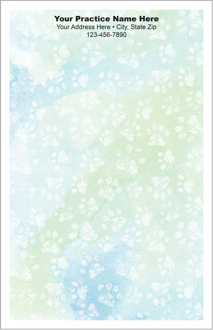 Half-size veterinary notepad with an all-over white paw print pattern on a light blue and green background and clinic information centered at the top.

