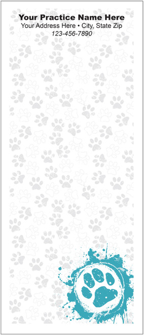 Tall veterinary notepad with a light gray paw print background pattern and a large turquoise paw print graphic with splash effects in the lower right corner.

