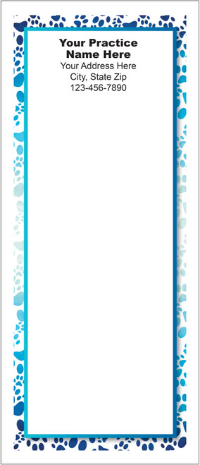 Tall veterinary notepad with a blue paw print border surrounding a large writing area framed by a teal rectangular outline.

