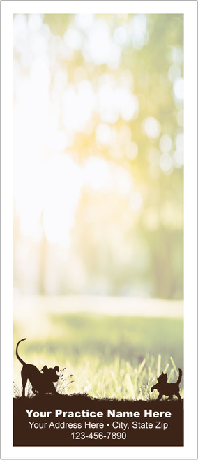 Tall veterinary notepad featuring two cat silhouettes in a grassy foreground against a soft outdoor background with clinic information in a dark brown panel.

