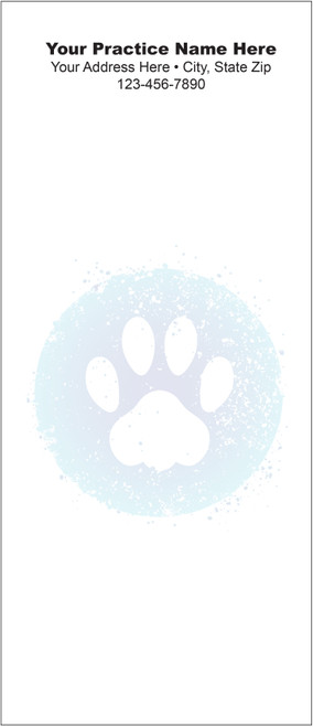 Tall veterinary notepad featuring a large white paw print inside a light blue textured circle with practice information displayed at the top.

