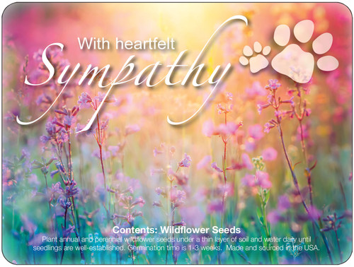 Wildflower seed pack featuring a colorful floral background, “With heartfelt Sympathy” message, and a light-colored paw print graphic.