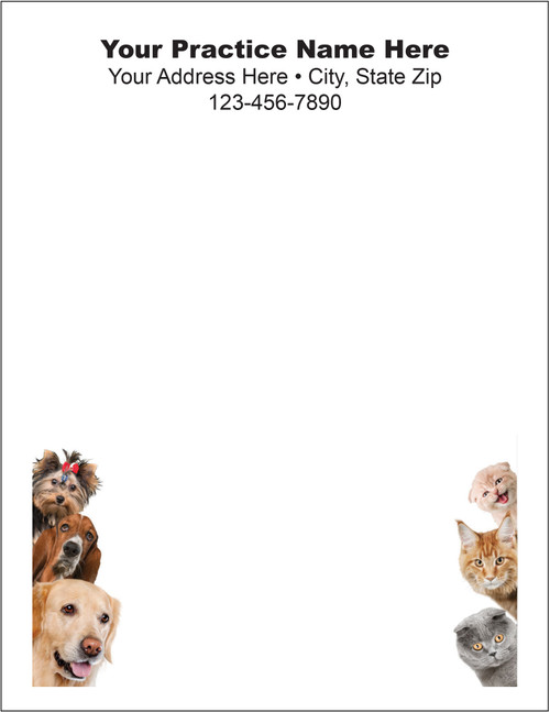 Photographs of three dogs on the left and three cats on the right surrounding a large writing area with practice information at the top.

