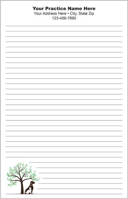 Lined veterinary notepad featuring a green tree with dog and cat silhouettes in the lower corner and clinic information centered at the top.

