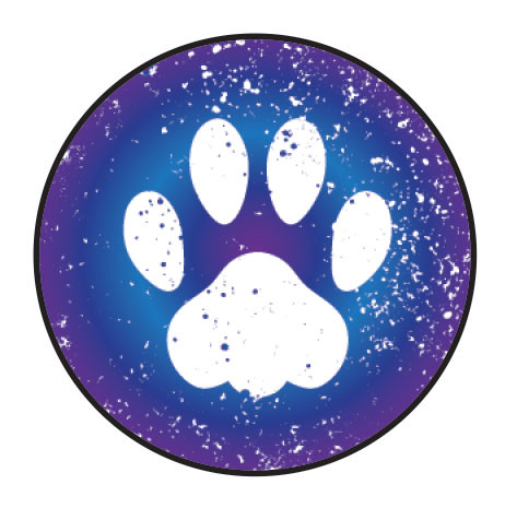 Round veterinary envelope seal featuring a white paw print on a blue and purple speckled background inside a black circular border.

