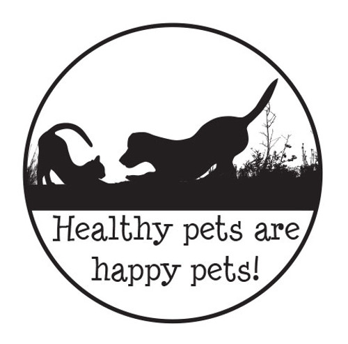LRDC1 - 1" Clear Label with Black silhouettes of playful dog/cat "Healthy Pets are Happy Pets!" (LRDC1)