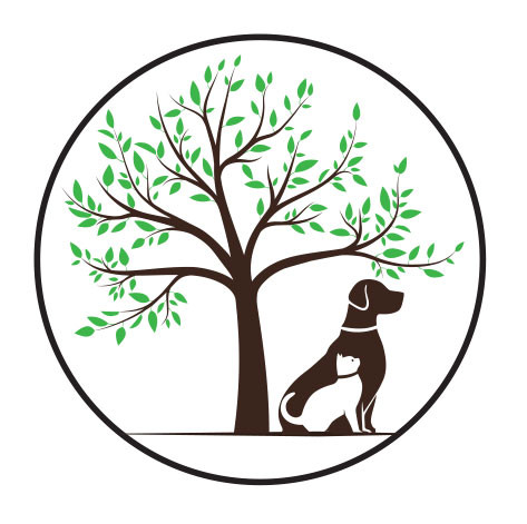 Round veterinary envelope seal featuring a leafy tree with dog and cat silhouettes inside a black circular border.