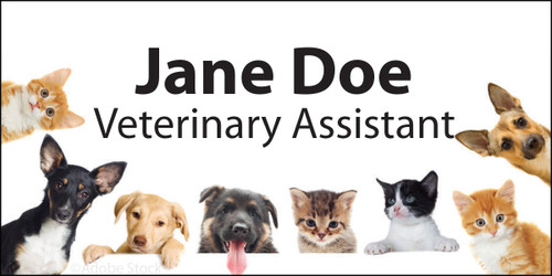Personalized name tag featuring puppy and kitten photographs surrounding the border, including multiple dogs and cats on a light gray background with bold black name and title text.

