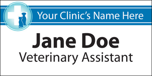 Personalized veterinary name tag with a blue clinic name banner, circular logo featuring a white veterinary cross and blue dog and cat silhouettes, plus custom name and title text.

