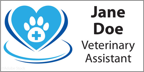 Personalized name tag featuring a blue heart design with a white paw print and blue cross symbol, curved blue accent lines, and bold black custom name and title text.

