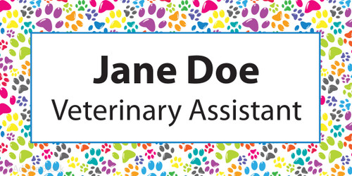 Personalized name tag featuring a colorful border of multicolored paw prints surrounding a light gray center panel with bold black custom name and title text.

