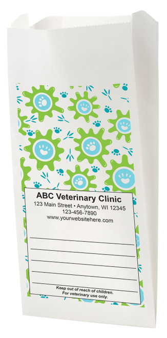 White Paper veterinary prescription bag with playful paw print pattern design.