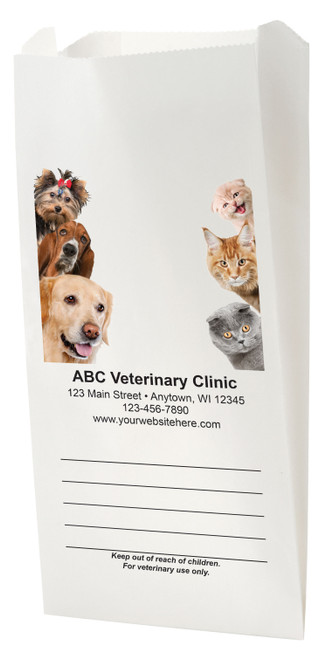 White Paper veterinary prescription bag with cute dog and cat photo peek design.
