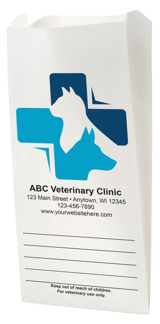 White Paper veterinary prescription bag with dog and cat silhouette medical cross logo.