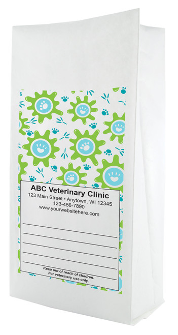 White paper veterinary prescription bag featuring veterinary prescription bags with playful paw print splash pattern