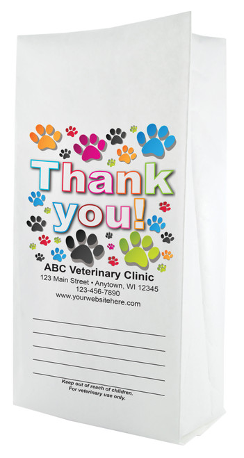 White paper veterinary prescription bag featuring veterinary prescription bags with colorful paw prints and bold Thank You design