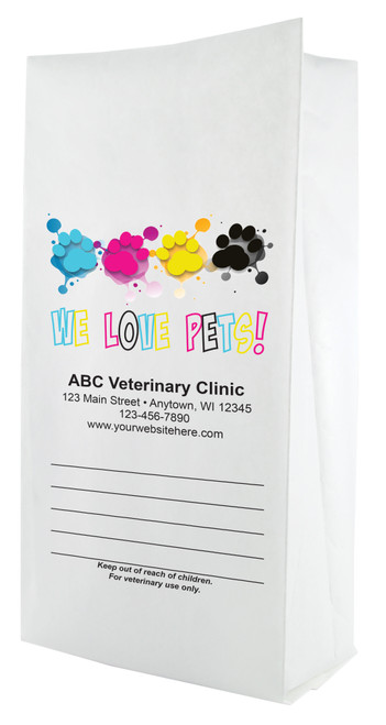 White paper veterinary prescription bag featuring veterinary prescription bags with colorful We Love Pets text and paw prints