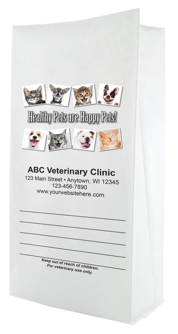 White paper veterinary prescription bag featuring veterinary prescription bags with pet photo collage and Healthy Pets are Happy Pets design
