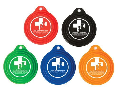 Personalized pet food can cover featuring a veterinary cross with dog and cat silhouettes inside a circular border above custom clinic information.

