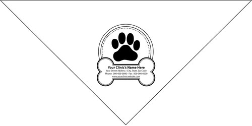 Personalized pet bandana featuring a large paw print inside a circular badge above a dog bone graphic containing a custom clinic name, address, phone number, fax number, and website.

