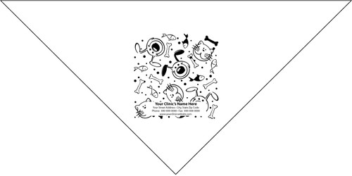 Personalized pet bandana featuring cartoon dog and cat faces with fish, bones, and decorative pet-themed graphics surrounding custom clinic name, address, phone number, fax number, and website information.

