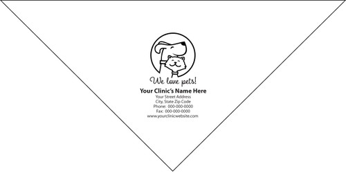 Personalized pet bandana featuring a line-art dog and cat inside a circular outline above the phrase "We love pets!" with custom clinic name, address, phone number, fax number, and website information.

