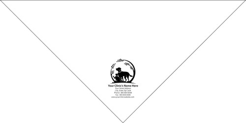 Large personalized pet bandana featuring a dog and cat silhouette inside a circular leafy border with custom clinic name, address, phone number, fax number, and website information below.

