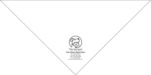 Large personalized pet bandana featuring a line-art dog and cat inside a circular border above the phrase "We love pets!" with custom clinic contact information below.

