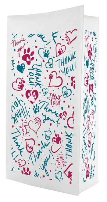 A flat bottom bag with a white background features colorful pink and teal hearts, paw prints, and repeated “Thank You” text in playful handwritten styles across the surface
