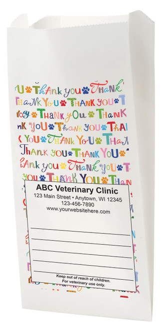 White Paper veterinary prescription bag with colorful Thank You pattern and paw prints.