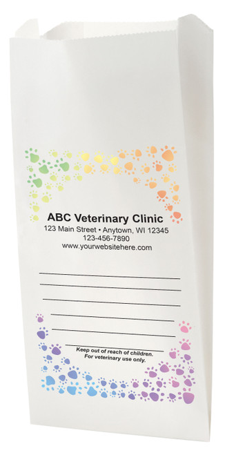 White Paper veterinary prescription bag with gradient paw print border design.