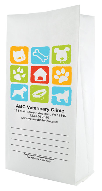 White paper veterinary prescription bag featuring veterinary prescription bags with colorful pet icon squares design