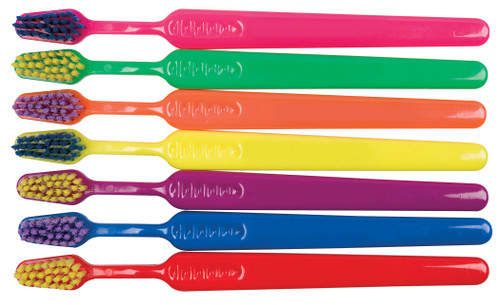 Assorted neon pet toothbrushes in pink, green, orange, yellow, purple, blue, and red with visible blank imprint panels on the handles and multi-colored bristle heads.

