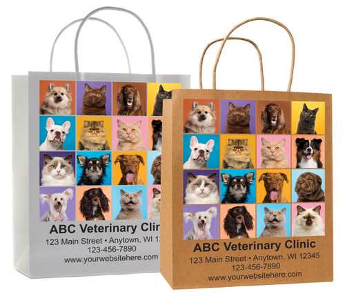 veterinary handled bag with colorful dog and cat photo grid