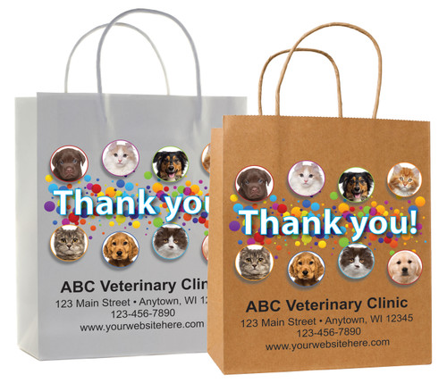 veterinary handled bag with colorful thank you and pet photo design