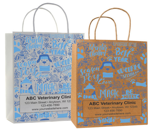 veterinary handled bag with winter pet icons and seasonal typography design