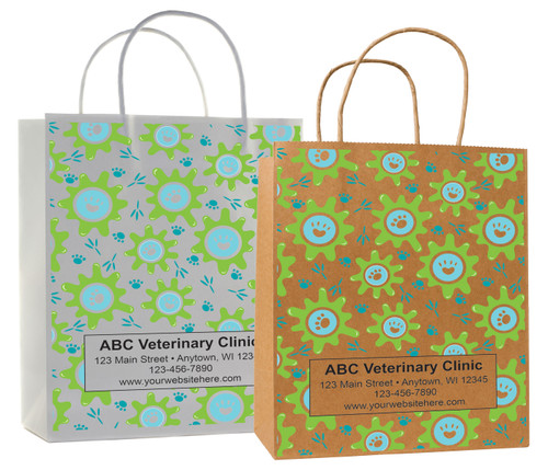 veterinary handled bag with colorful dog and cat outline artwork