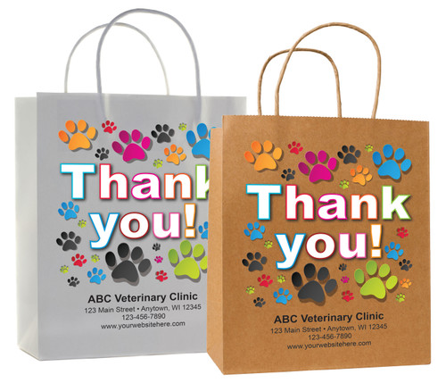 veterinary handled bag with colorful paw prints and bold thank you design