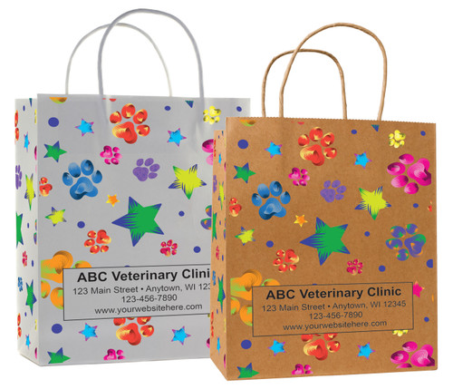 veterinary handled bag with colorful paw prints and star pattern