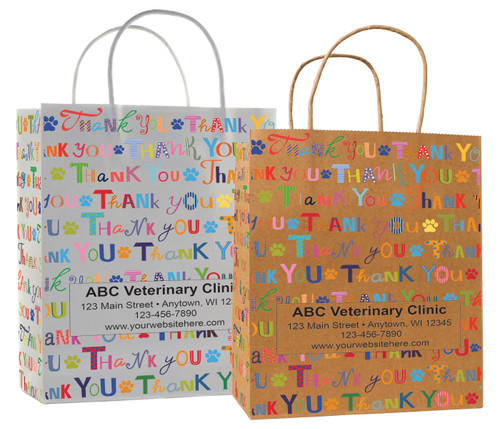 veterinary handled bag with colorful thank you typography and paw accents