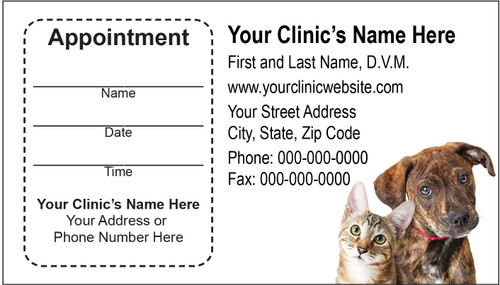 Veterinary sticker appointment business card with brindle puppy and tabby cat portraits, rounded appointment reminder section, and clinic information layout.

