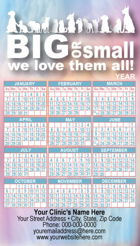 Personalized magnetic calendar with white cat and dog silhouettes, "BIG or small we love them all!" text, blue-purple gradient background, yearly calendar layout, and business imprint area.

