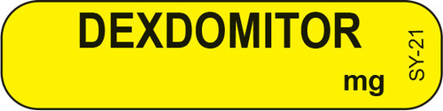  Yellow DEXDOMITOR syringe label with bold black centered text
