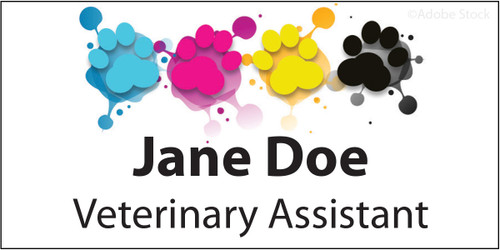 Personalized name tag featuring blue, pink, yellow, and black paw prints with paint splash accents across the top, plus bold black custom name and title text on a light gray background.


