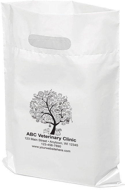 Personalized veterinary promotional bag displaying a tree illustration composed of pet and veterinary-themed icons, including dogs, cats, paw prints, birds, fish, treats, and medical symbols. The centered artwork appears above a structured area for practice information on a white recyclable plastic tote bag.