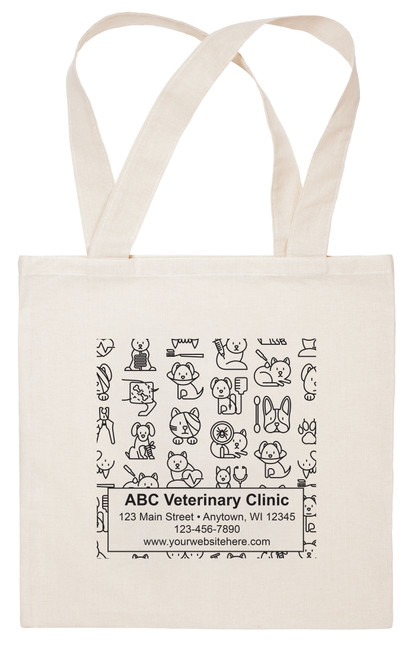 Reusable cotton veterinary promotional tote bag with long handles and a pet-themed illustration panel showing dogs, cats, paw prints, and veterinary symbols. Personalized practice information appears beneath the design in a clean text layout.