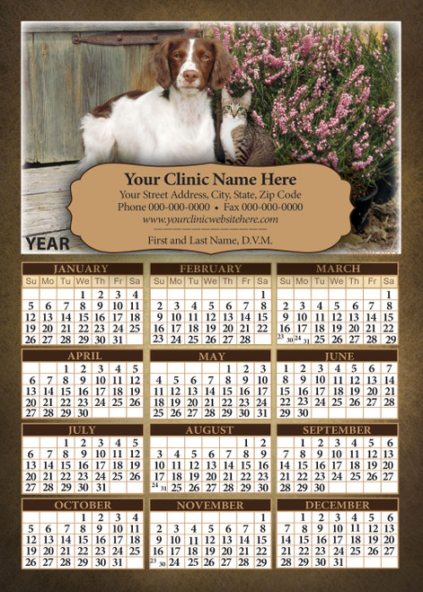 Dog and tabby cat sitting outdoors beside pink flowering plants and rustic wood background above a year calendar with personalized business imprint panel.