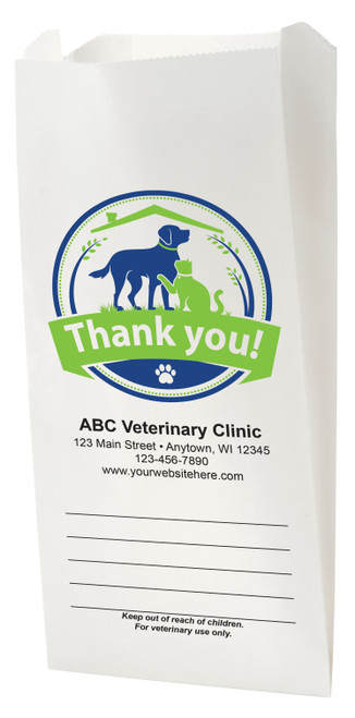 White Paper veterinary prescription bag with dog and cat badge logo Thank You design.