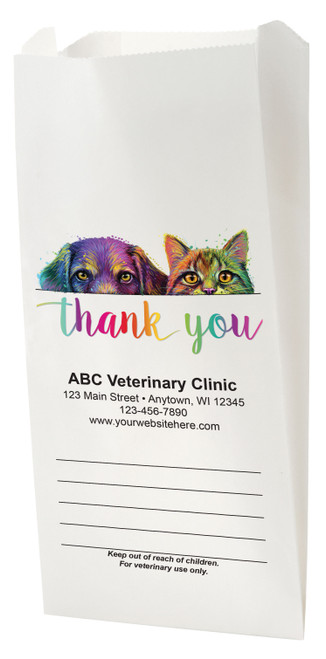White Paper veterinary prescription bag with colorful dog and cat peek design. and Thank You text.