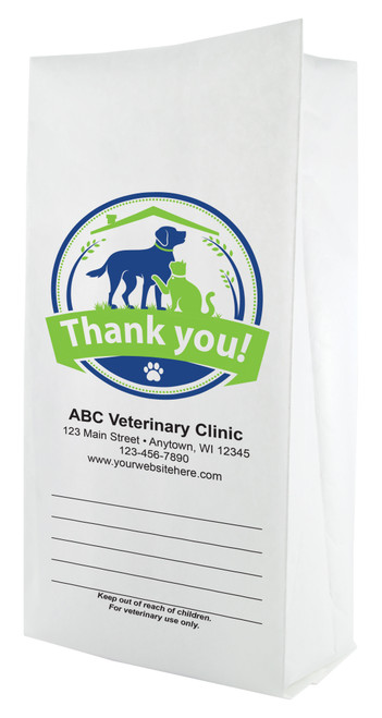White paper veterinary prescription bag featuring veterinary prescription bags with dog and cat Thank You badge logo